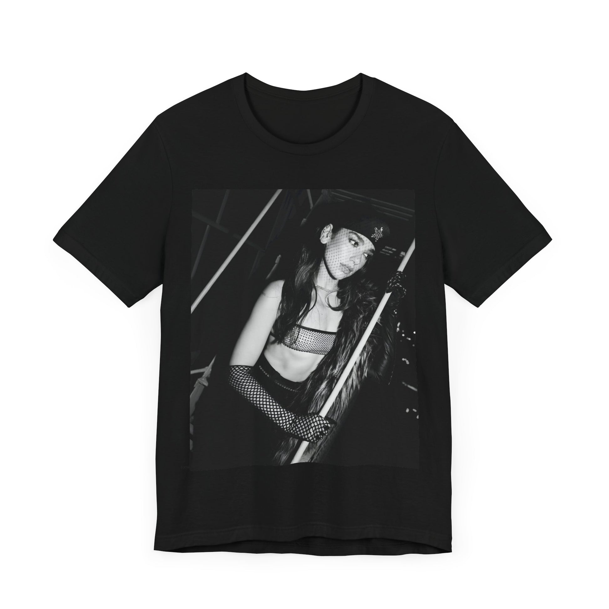 A black graphic t-shirt featuring a black and white, monochrome graphic or portrait of Dua Lipa.