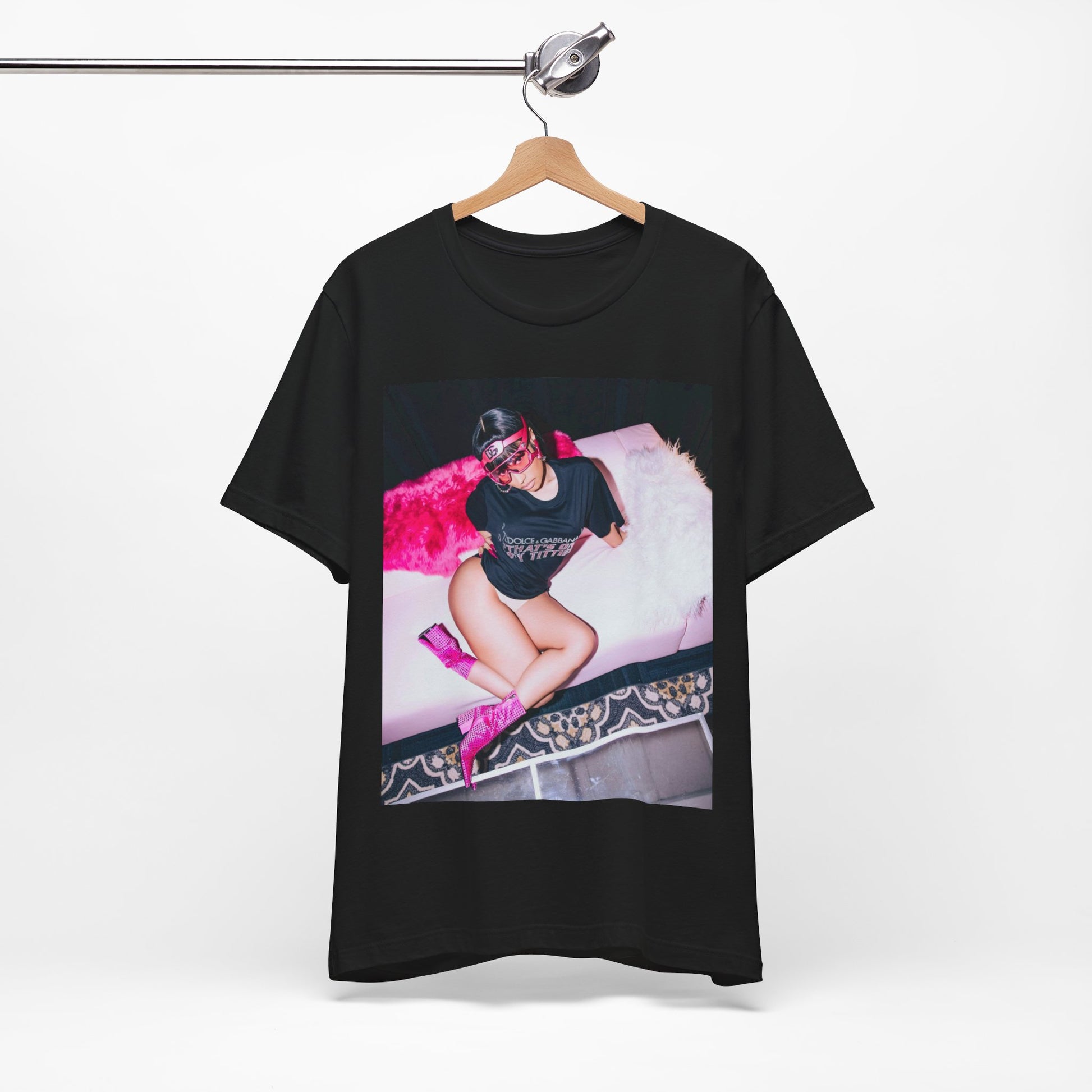 A black graphic t-shirt featuring a classic lifestyle graphic of Nicki Minaj.