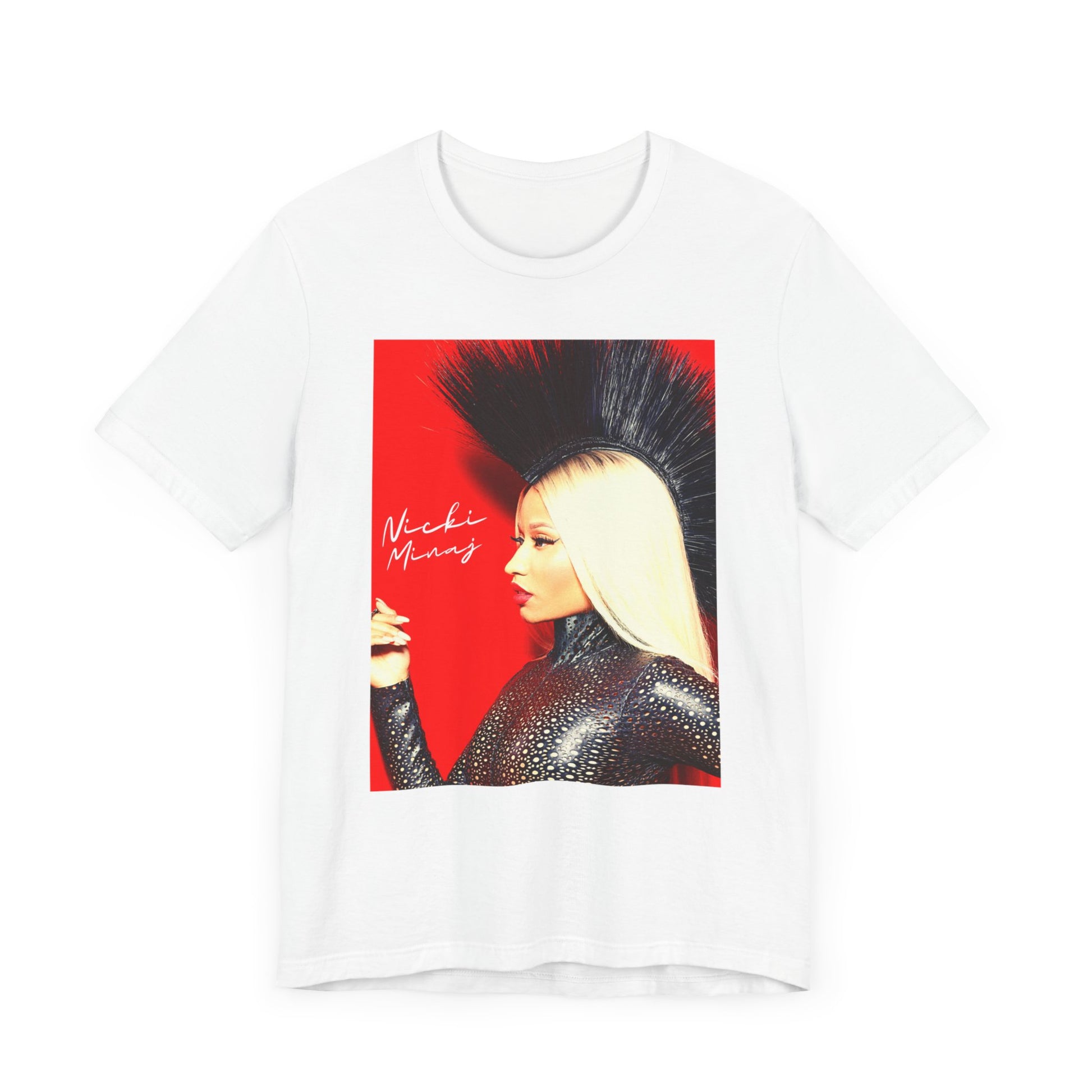 A black graphic t-shirt featuring a graphic of Nicki Minaj as a female rap pioneer.