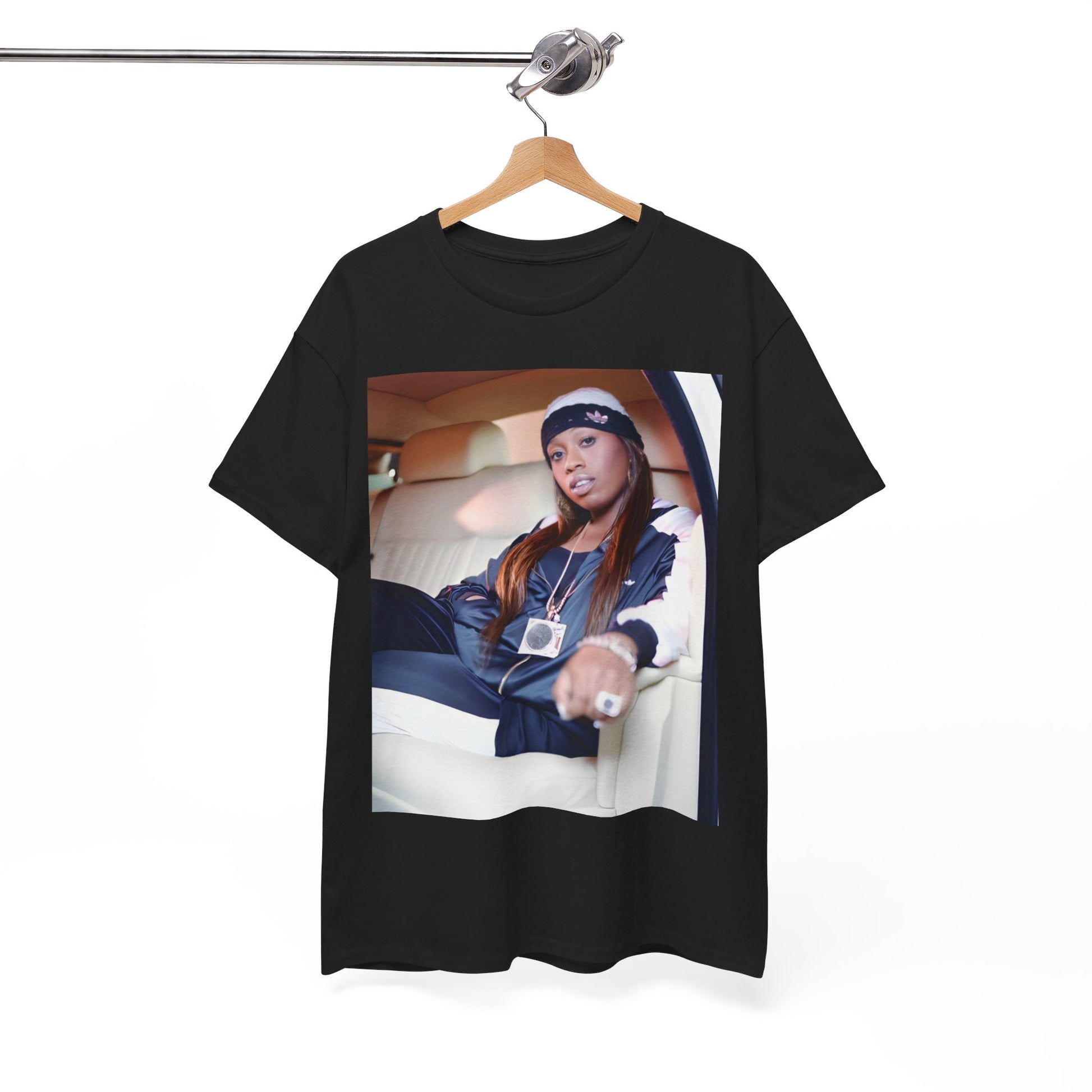 A black graphic t-shirt featuring a casual hip hop fan graphic of Missy Elliott.