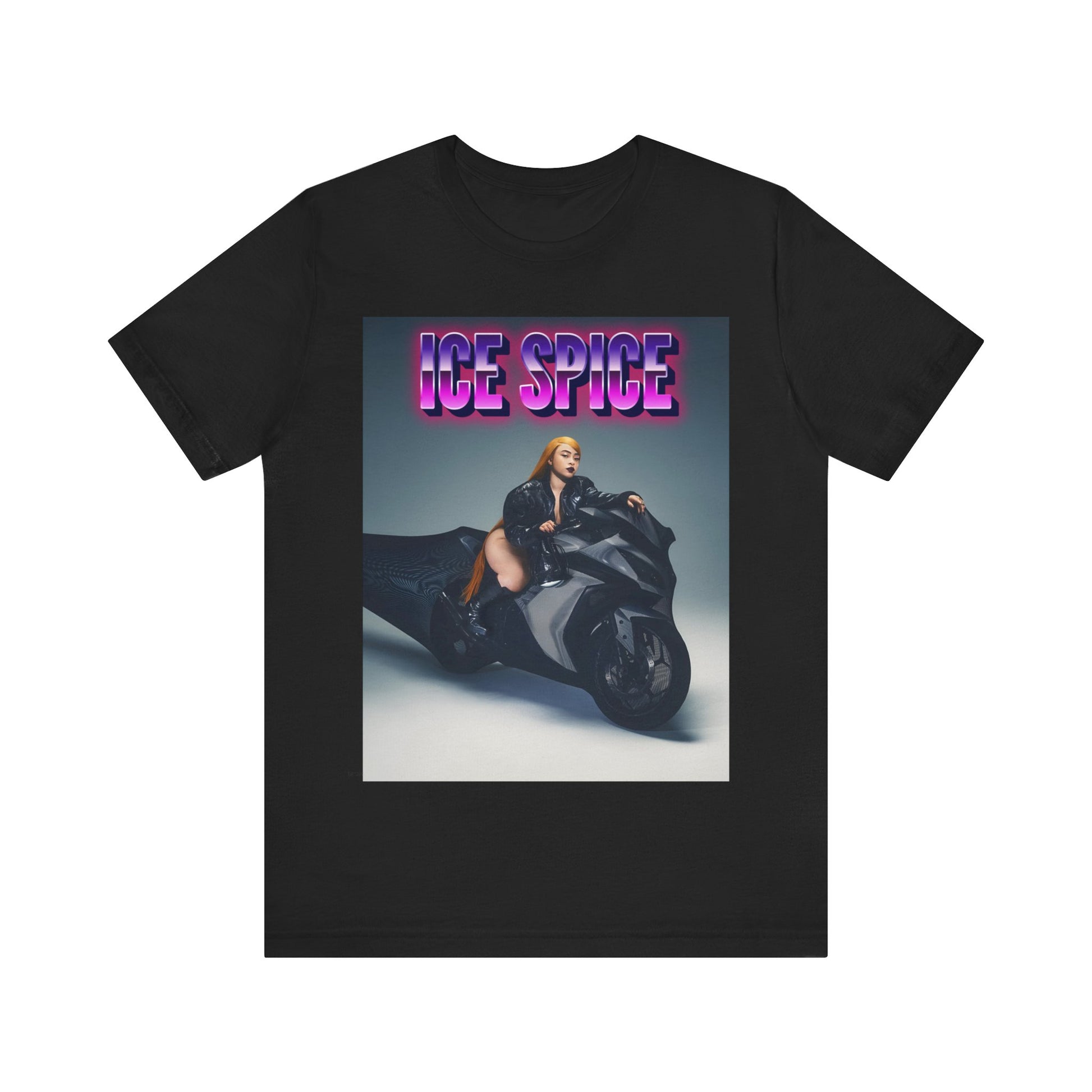 A black graphic t-shirt featuring a graphic of Ice Spice related to motorcycles or a rebellious, cool style.
