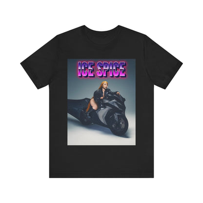 A black graphic t-shirt featuring a graphic of Ice Spice related to motorcycles or a rebellious, cool style.