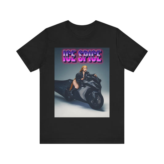 A black graphic t-shirt featuring a graphic of Ice Spice related to motorcycles or a rebellious, cool style.