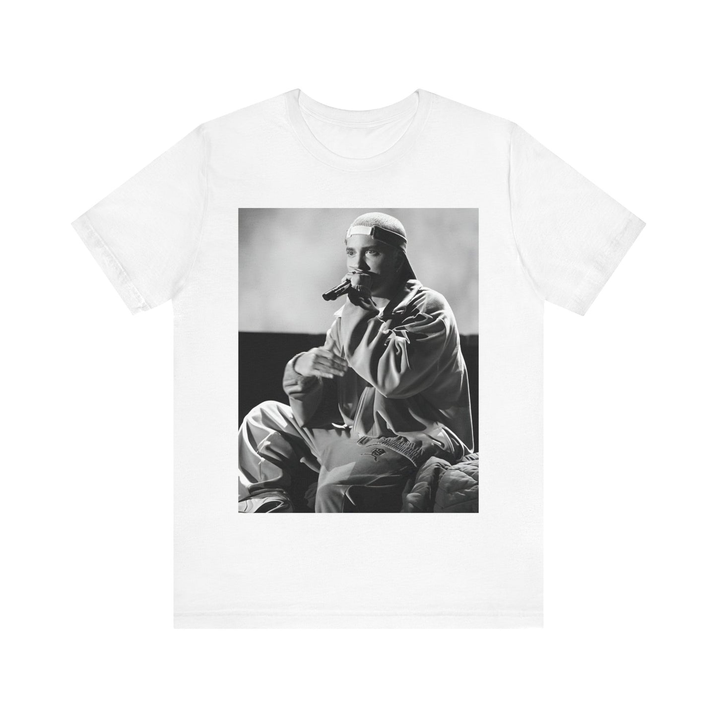 A black graphic t-shirt featuring a black and white graphic of Eminem as a 'Rap Messiah'.