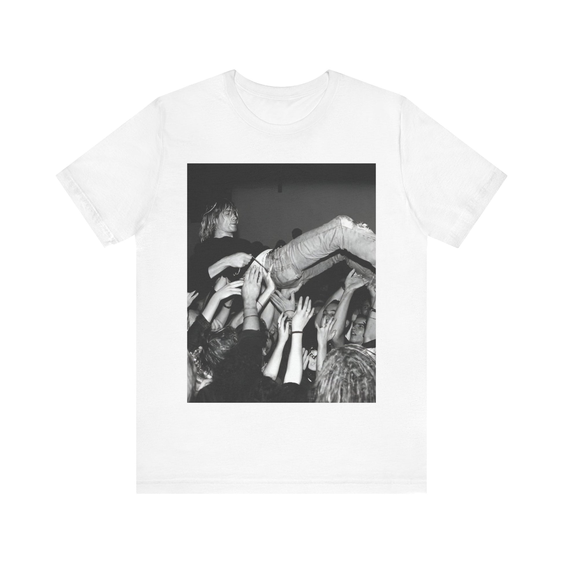 A black graphic t-shirt featuring a 90s graphic or photo of Kurt Cobain from Nirvana stage diving.