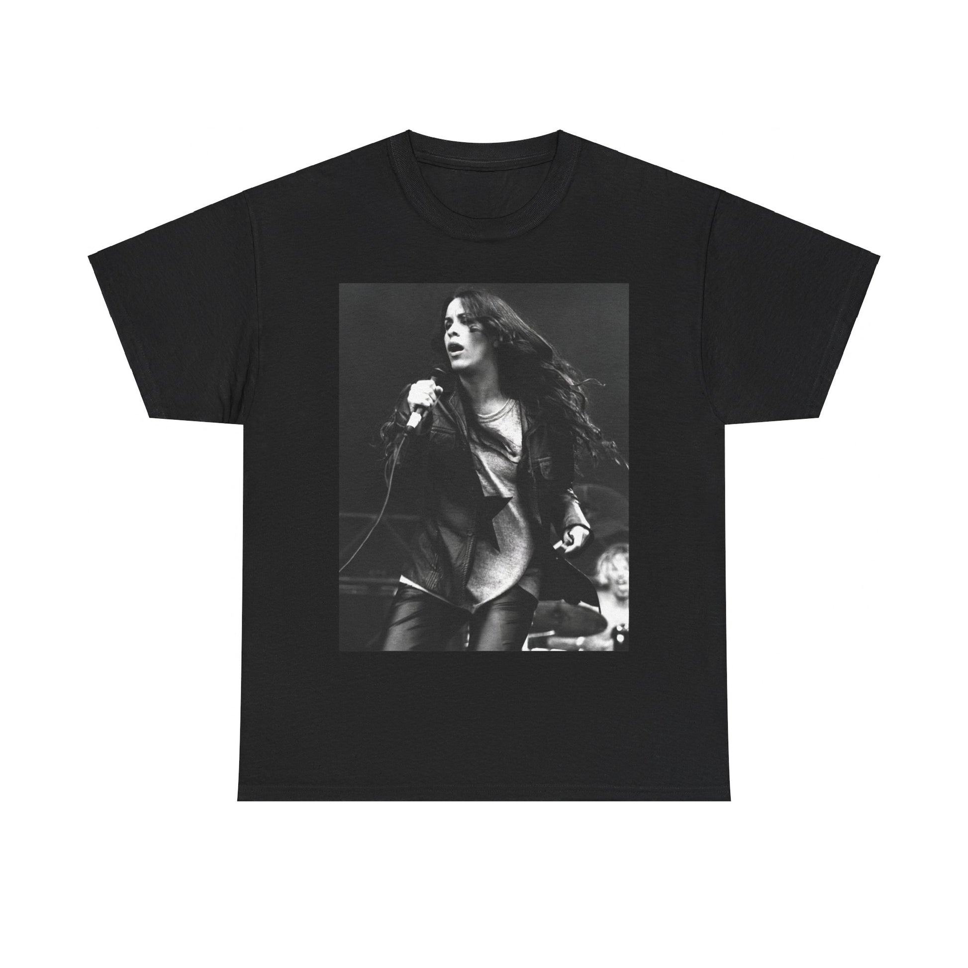 A black graphic t-shirt featuring a 90s-style concert graphic of Alanis Morissette, related to her "Jagged Little Pill" era tours.