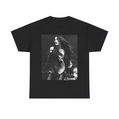 A black graphic t-shirt featuring a 90s-style concert graphic of Alanis Morissette, related to her "Jagged Little Pill" era tours.