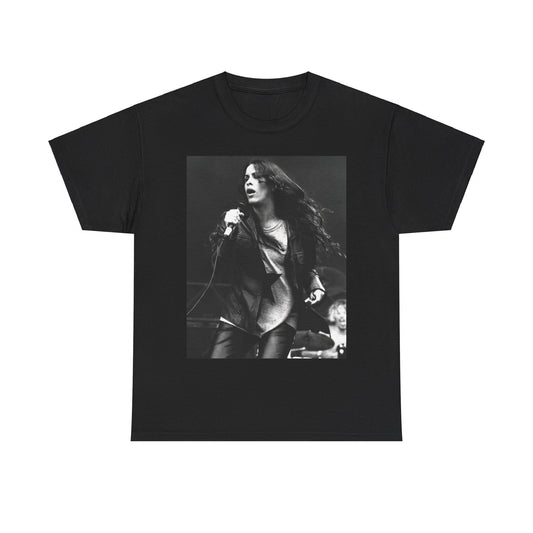 A black graphic t-shirt featuring a 90s-style concert graphic of Alanis Morissette, related to her "Jagged Little Pill" era tours.