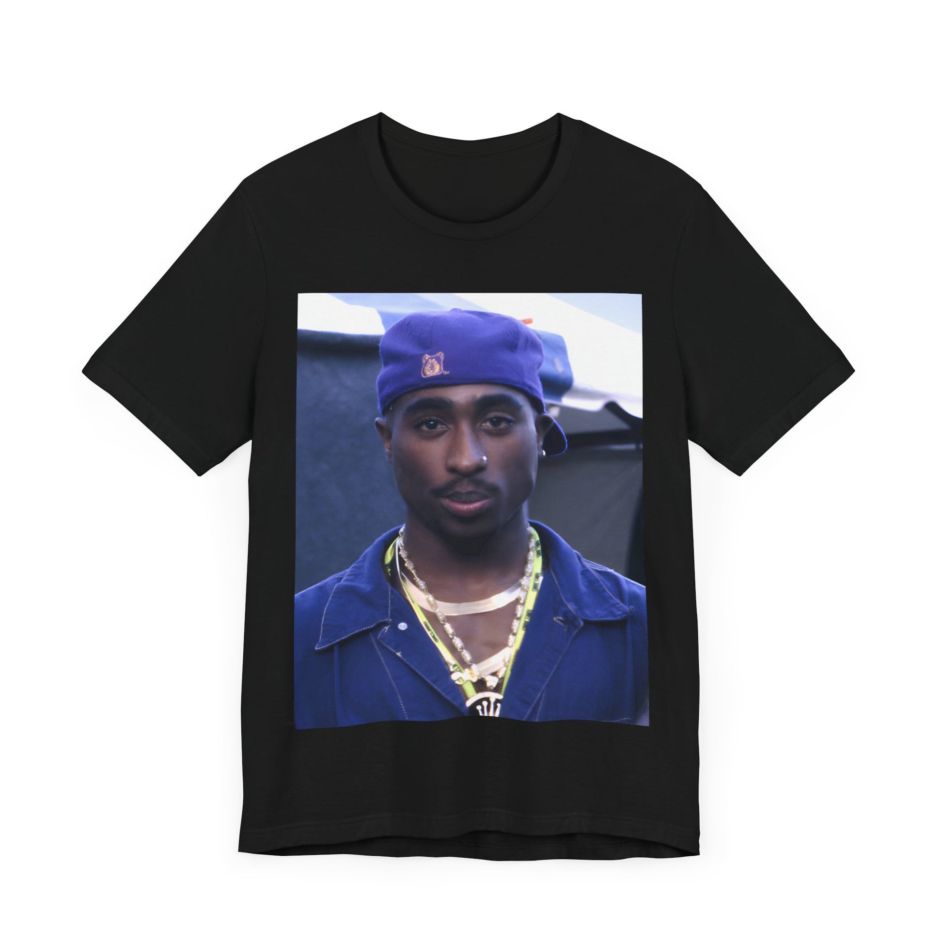 A black graphic t-shirt featuring a graphic related to Tupac's 'California Love' song or era.