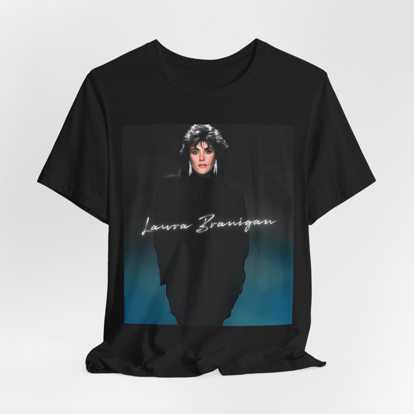 A black graphic t-shirt featuring a graphic of Laura Branigan as an 80s power ballad vocalist.