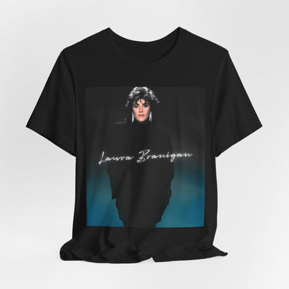 A black graphic t-shirt featuring a graphic of Laura Branigan as an 80s power ballad vocalist.