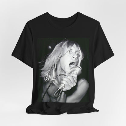 A black graphic t-shirt featuring a graphic of Iggy Pop as the Godfather of Punk, performing live.