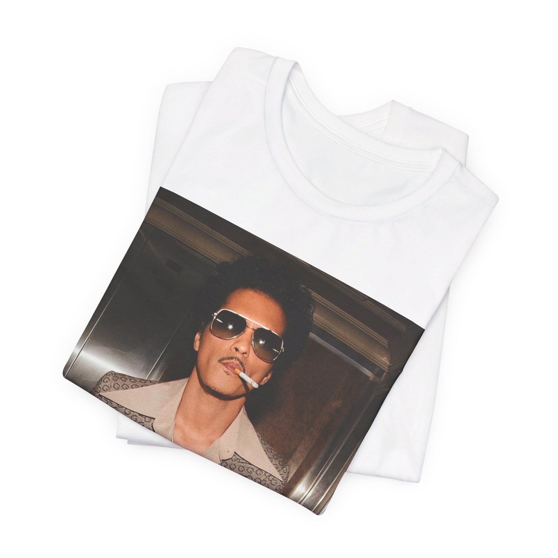 A black graphic t-shirt featuring a retro photo of Bruno Mars with a funk-inspired aesthetic.
