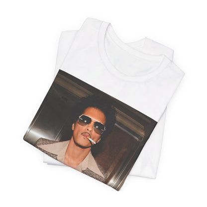 A black graphic t-shirt featuring a retro photo of Bruno Mars with a funk-inspired aesthetic.