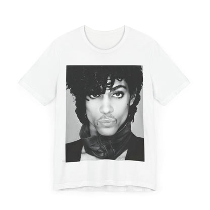 A black graphic t-shirt featuring a black and white photo portrait of Prince.