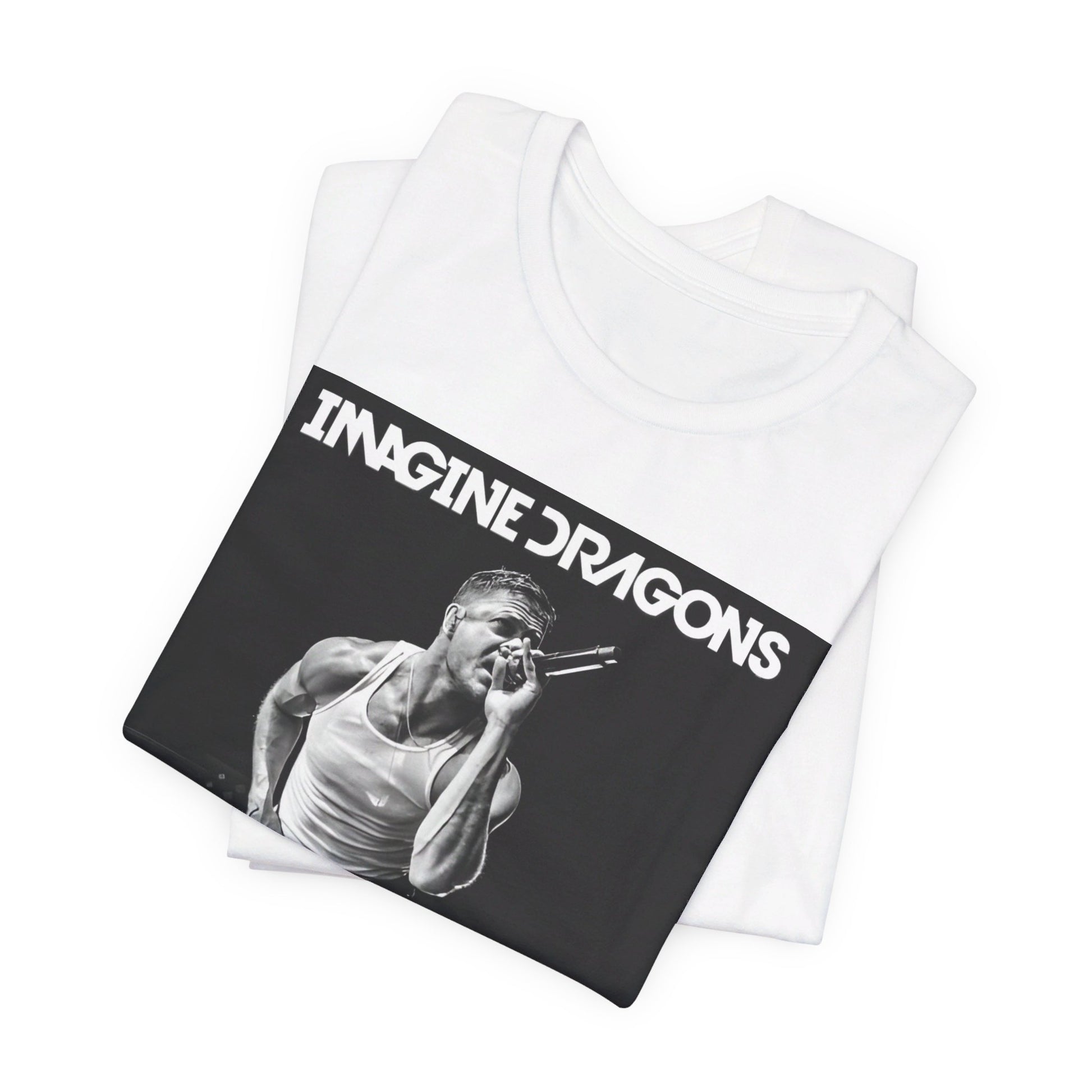 A black graphic t-shirt featuring a black and white graphic related to Imagine Dragons' 'Radioactive' song or era.