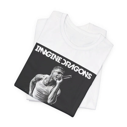 A black graphic t-shirt featuring a black and white graphic related to Imagine Dragons' 'Radioactive' song or era.