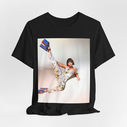 A black graphic t-shirt featuring a graphic of Nicki Minaj as a global fashion rap queen.