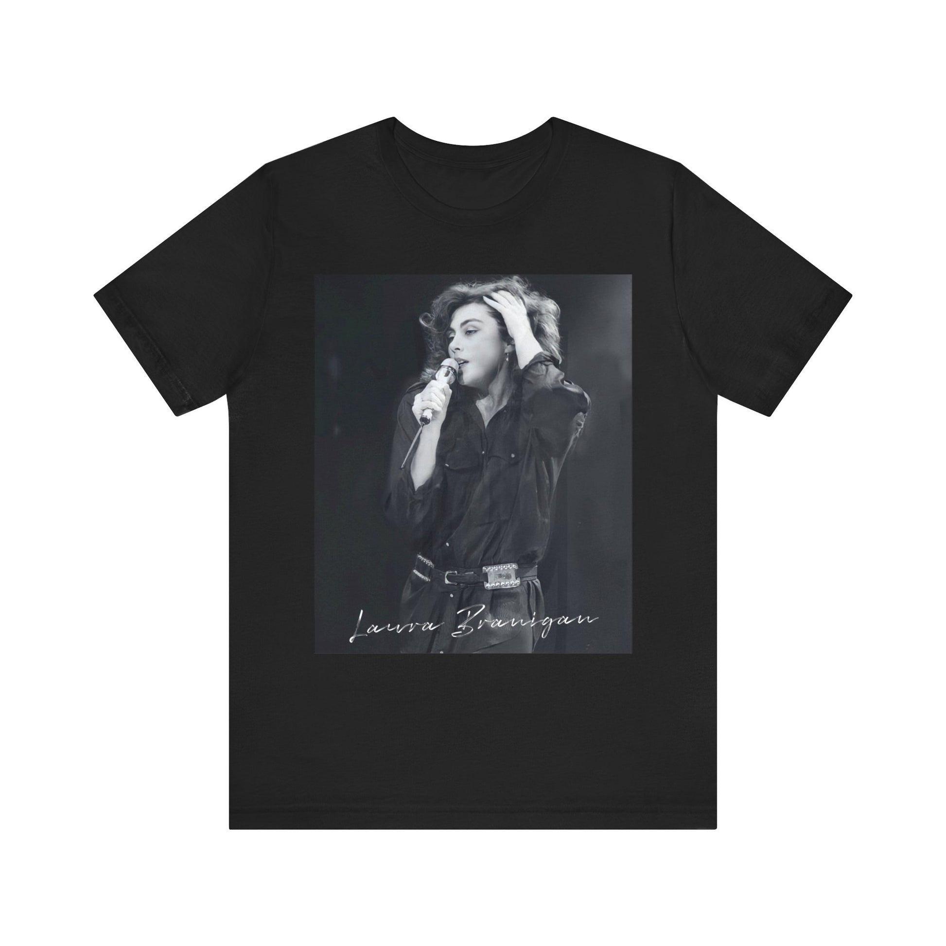 A black graphic t-shirt featuring an 80s live show graphic of Laura Branigan.