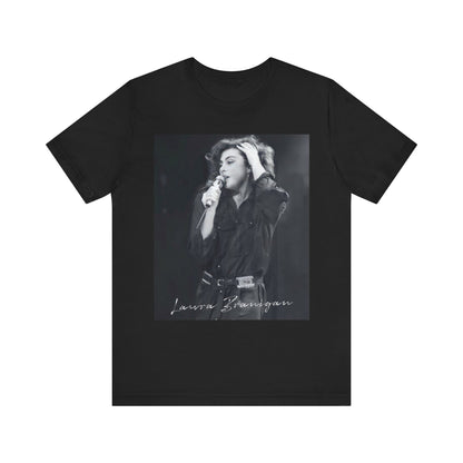 A black graphic t-shirt featuring an 80s live show graphic of Laura Branigan.