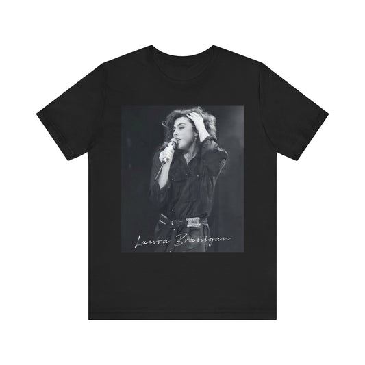 A black graphic t-shirt featuring an 80s live show graphic of Laura Branigan.