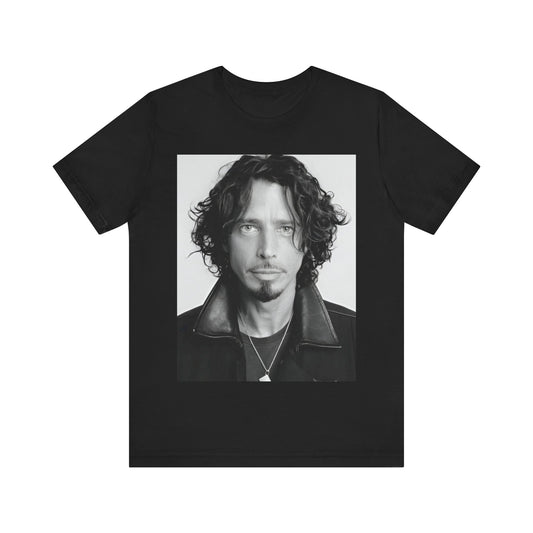 A black graphic t-shirt featuring a timeless black and white photo portrait of Chris Cornell.