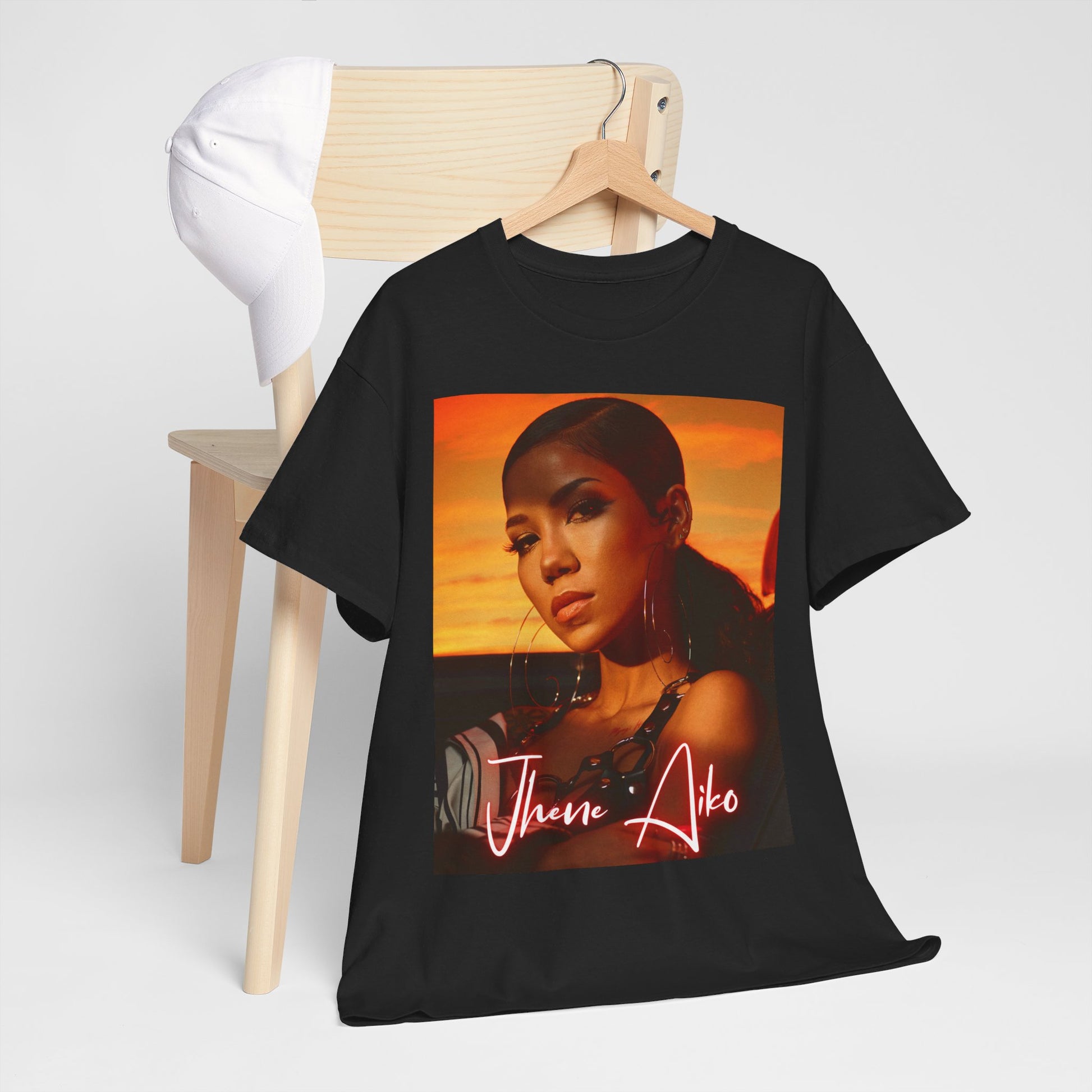 A black graphic t-shirt featuring a vintage chill R&B graphic of Jhene Aiko.
