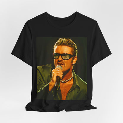 A black graphic t-shirt featuring a graphic related to George Michael's 'Freedom! '90' song.