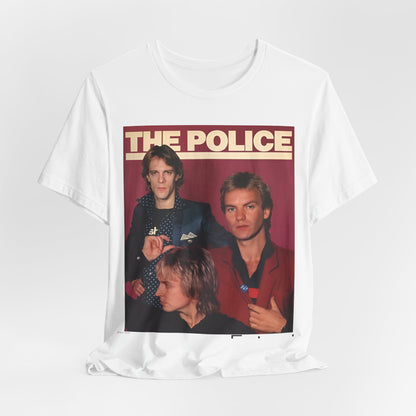 A black graphic t-shirt featuring a minimalist graphic of The Police as a power trio.