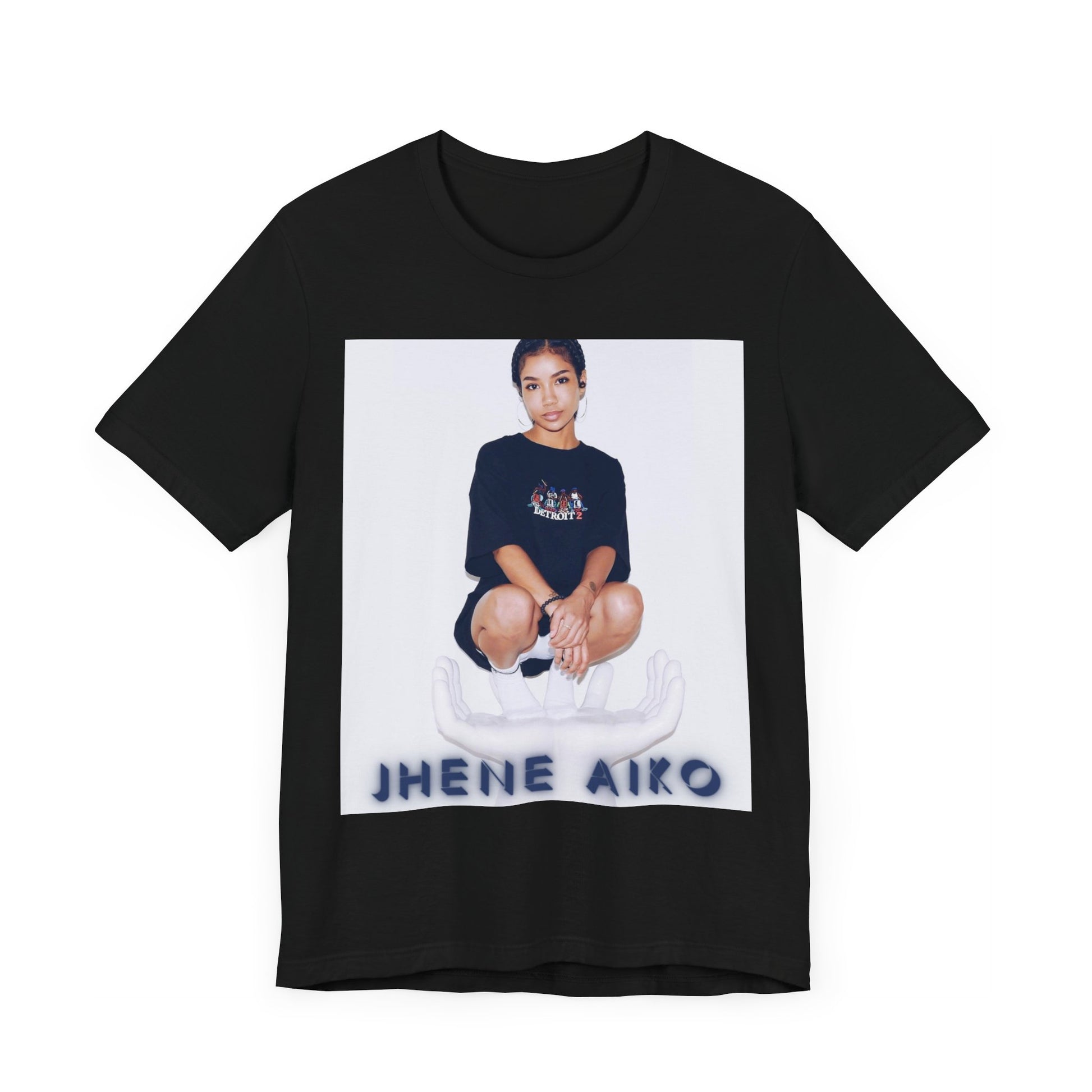 A black graphic t-shirt featuring a casual R&B fan graphic of Jhene Aiko.