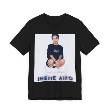 A black graphic t-shirt featuring a casual R&B fan graphic of Jhene Aiko.