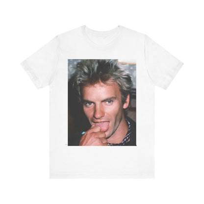A black graphic t-shirt featuring an 80s new wave aesthetic graphic of Sting.