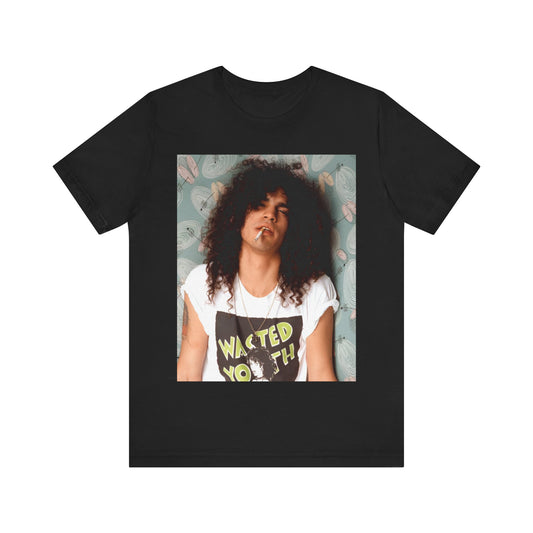 A black graphic t-shirt featuring a 90s photo of Slash from Guns N' Roses.