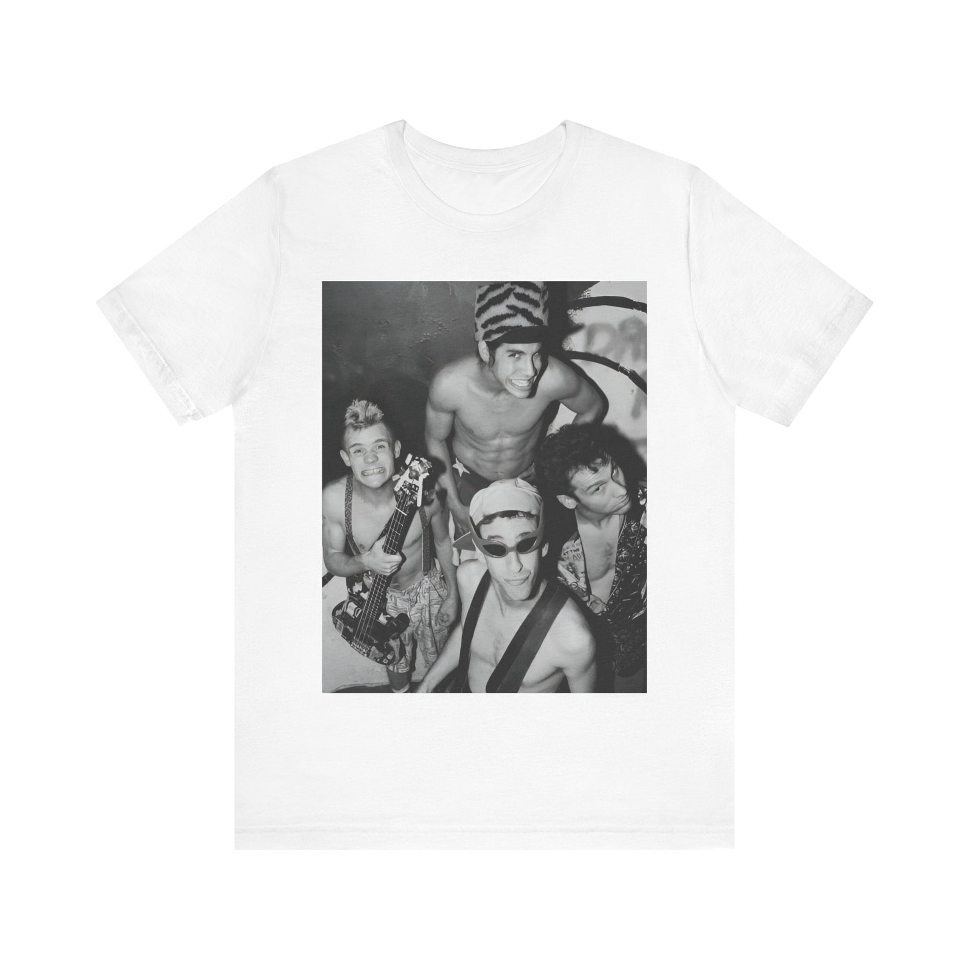 A black graphic t-shirt featuring an 80s vintage funk rock graphic of Red Hot Chili Peppers.