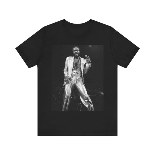 A black graphic t-shirt featuring a live graphic related to Marvin Gaye's 'Sexual Healing' song or era.