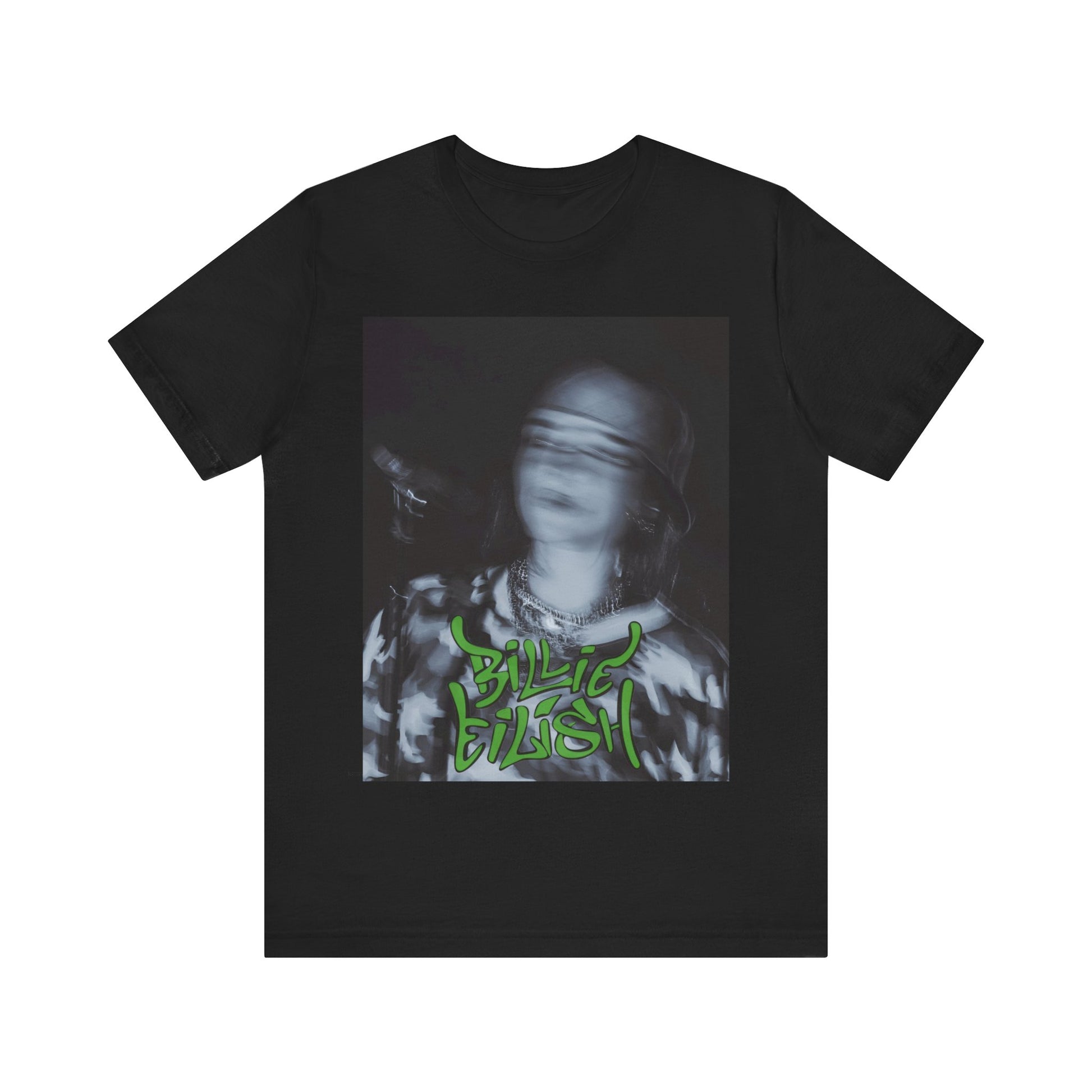 A photo of Billie Eilish in a classic 'anti-popstar' pose, with a bored expression and slouchy streetwear, printed on a graphic t-shirt.
