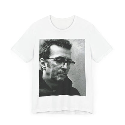 A black graphic t-shirt featuring a black and white, monochrome graphic or photo of Eric Clapton.