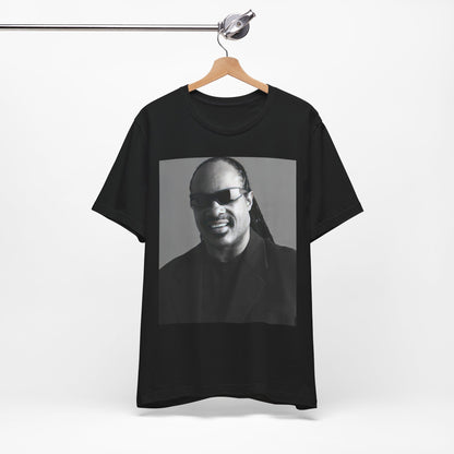 A black graphic t-shirt featuring a classic Motown legend black and white graphic of Stevie Wonder.