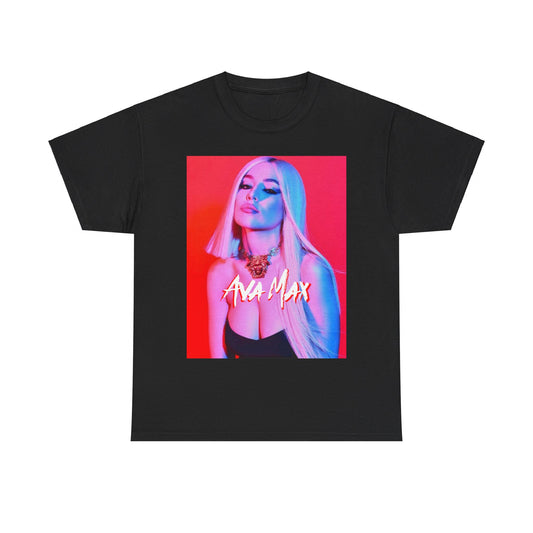 A black graphic t-shirt featuring a colorful pop art style graphic of Ava Max, with bright hues and bold lines.