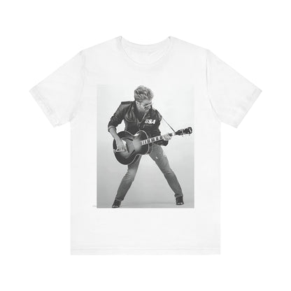 A black graphic t-shirt featuring a graphic of George Michael with a guitar.