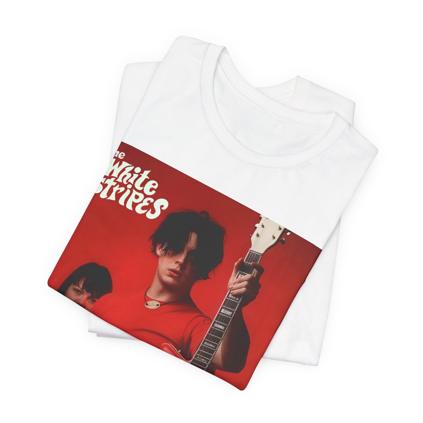 A black graphic t-shirt featuring a vintage garage rock graphic of The White Stripes.