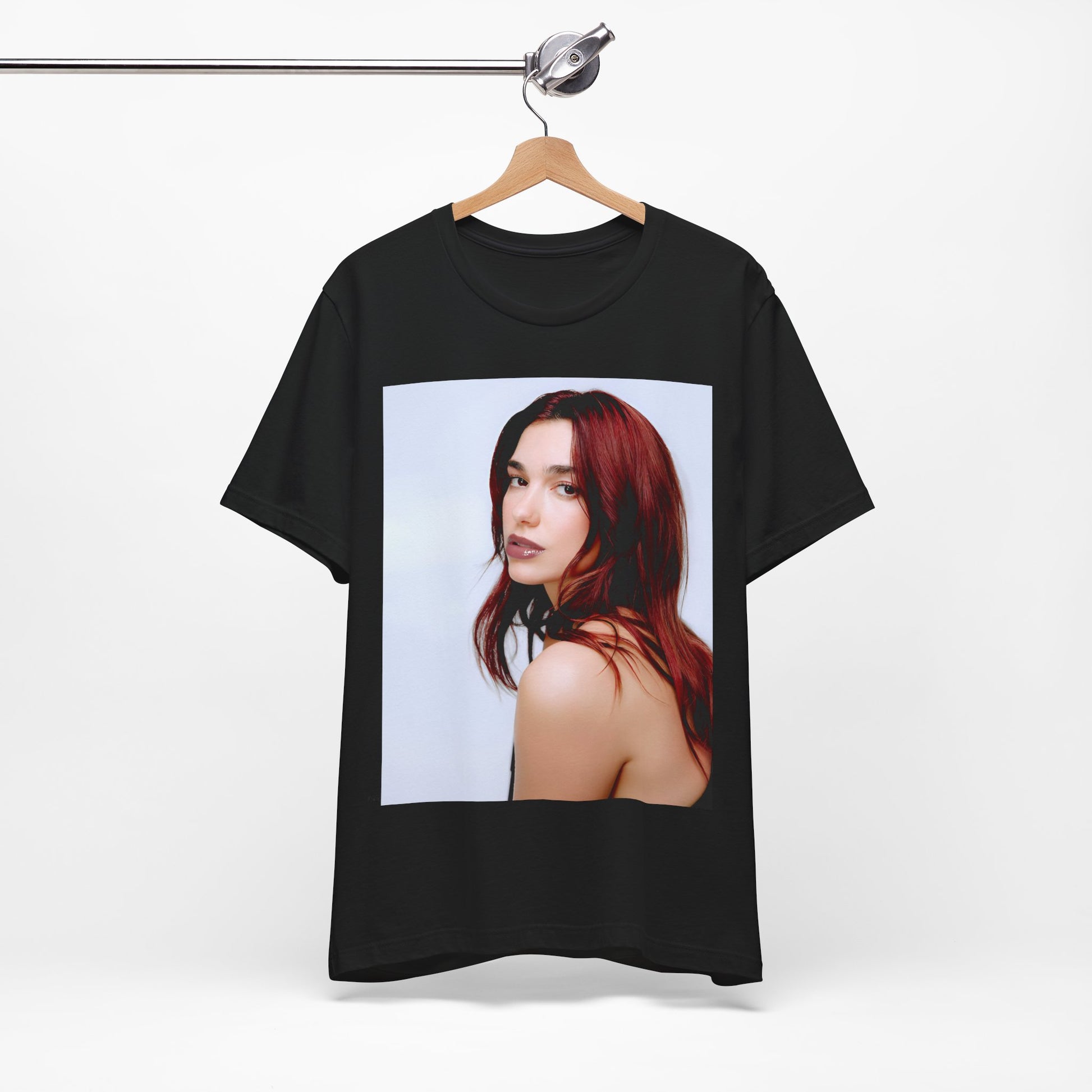 A black graphic t-shirt featuring a retro graphic inspired by Dua Lipa's "Don't Start Now" song.