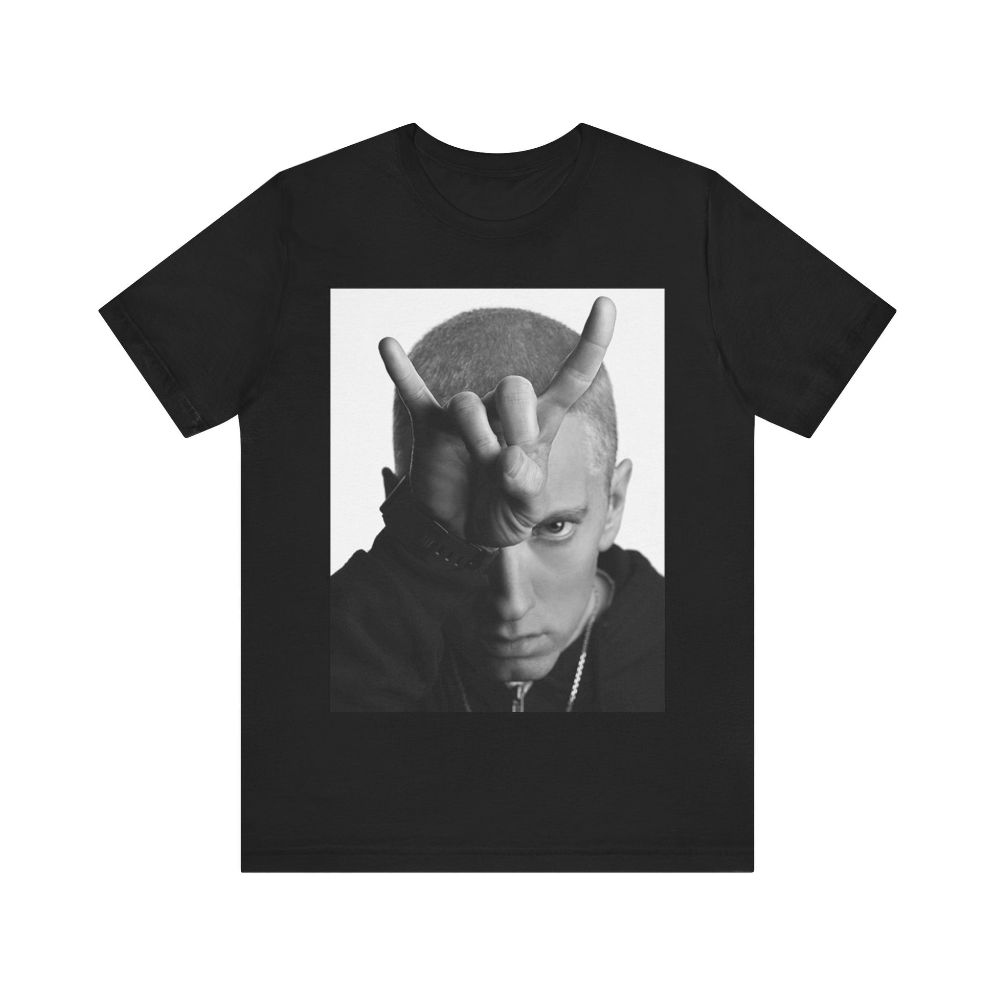 A black graphic t-shirt featuring a graphic related to Eminem's 'My Name Is' song or era.