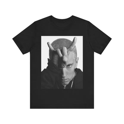A black graphic t-shirt featuring a graphic related to Eminem's 'My Name Is' song or era.