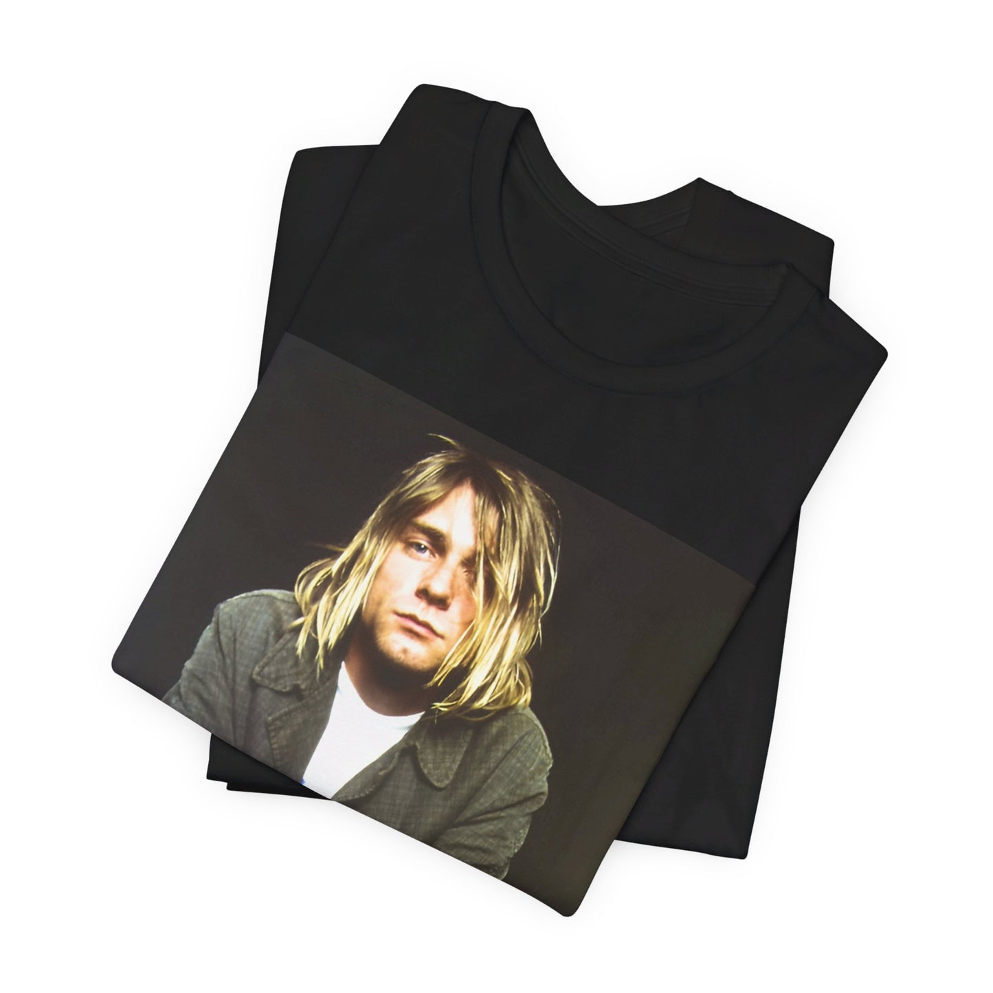 A black graphic t-shirt featuring an iconic graphic of Kurt Cobain from Nirvana.