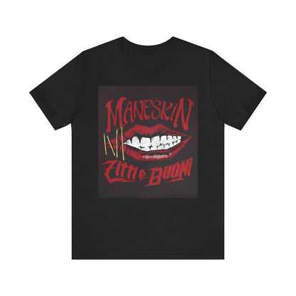 A black graphic t-shirt featuring a graphic related to Maneskin's song "Zitti E Buoni."