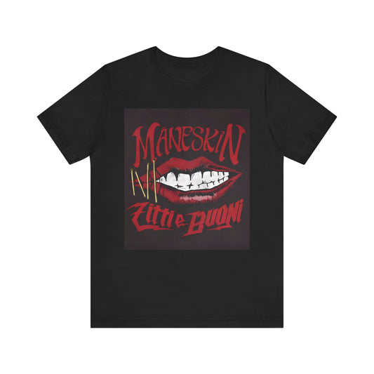 A black graphic t-shirt featuring a graphic related to Maneskin's song "Zitti E Buoni."