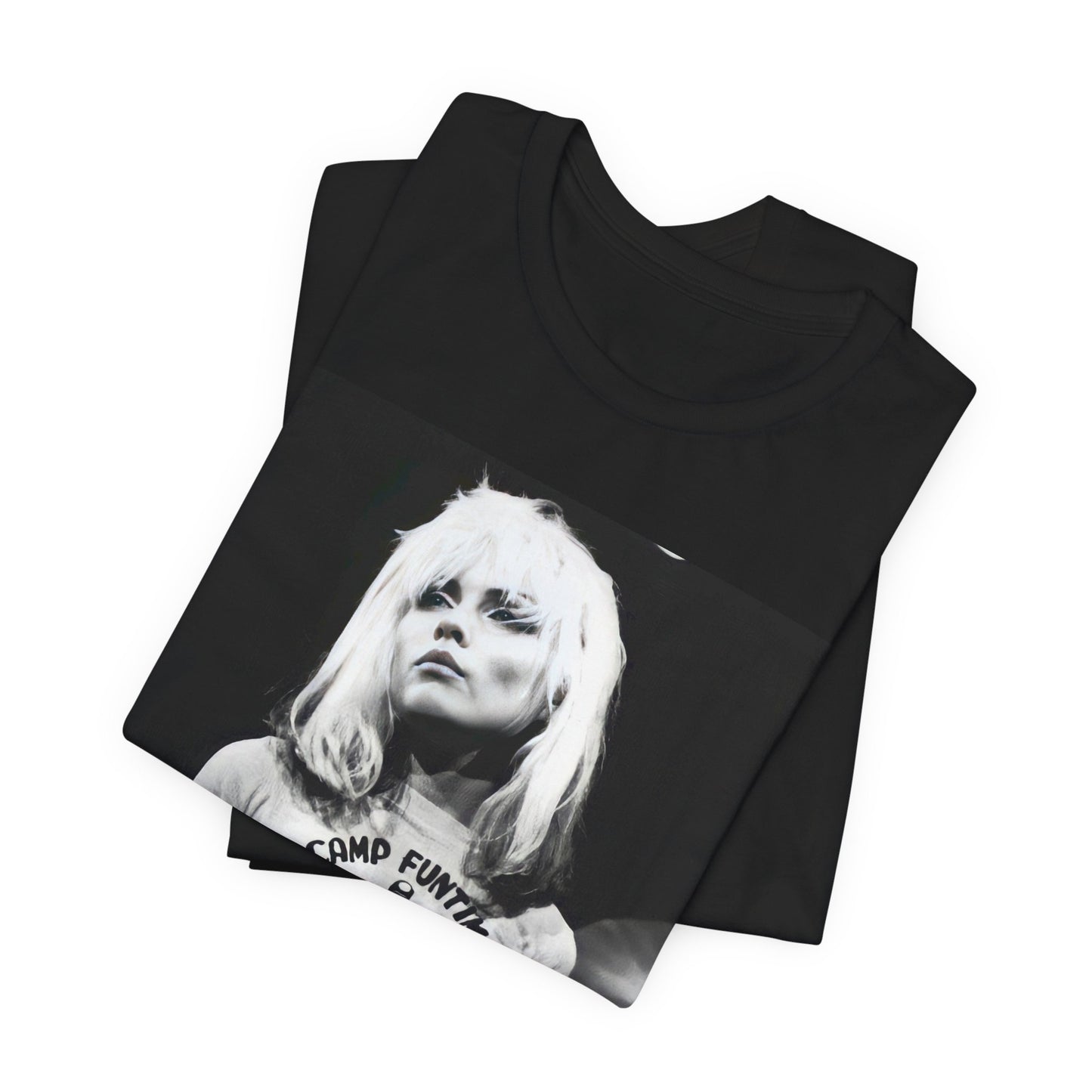 A black graphic t-shirt featuring a classic graphic or photo of Blondie performing live on stage.