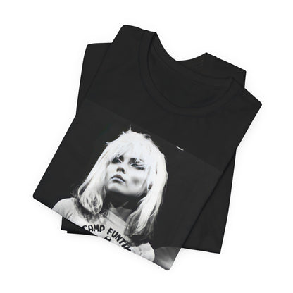 A black graphic t-shirt featuring a classic graphic or photo of Blondie performing live on stage.