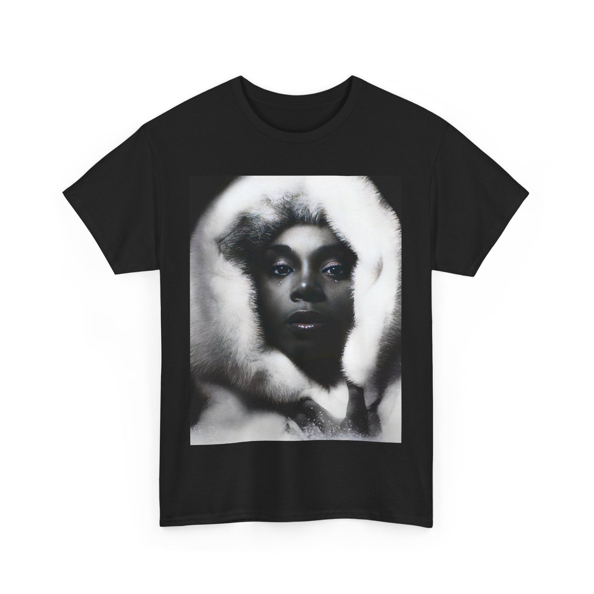 A black graphic t-shirt featuring a black and white, monochrome graphic or portrait of Donna Summer.